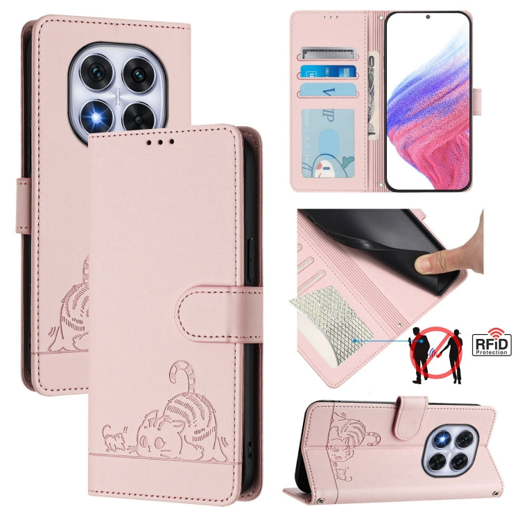 Cat Rat Embossed Pattern RFID Leather Phone Case with Lanyard, For Redmi Note 14 5G, For Redmi Note 14 Pro 5G, For Redmi 14C 4G, For Redmi K70 Ultra 5G Global, For Redmi 13 4G