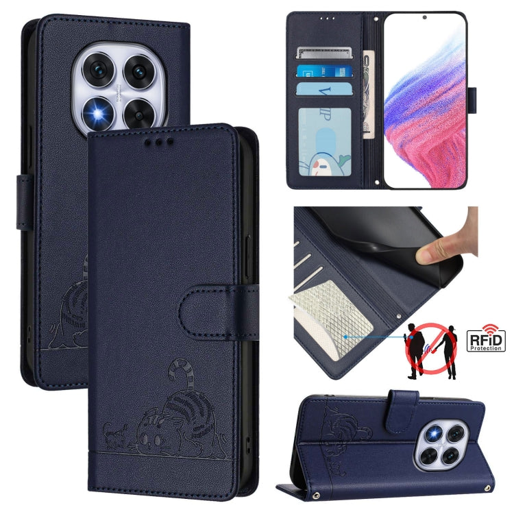Cat Rat Embossed Pattern RFID Leather Phone Case with Lanyard, For Redmi Note 14 5G, For Redmi Note 14 Pro 5G, For Redmi 14C 4G, For Redmi K70 Ultra 5G Global, For Redmi 13 4G