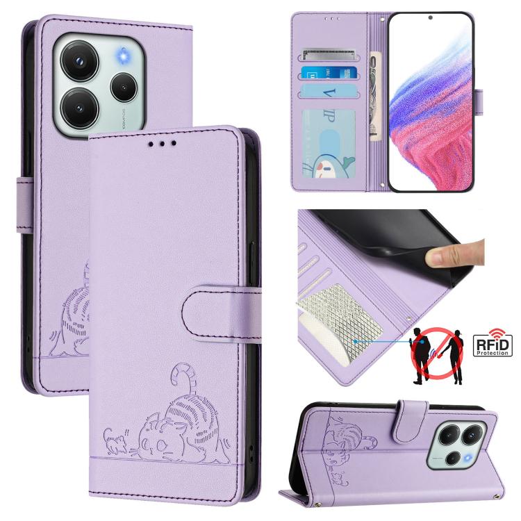 Cat Rat Embossed Pattern RFID Leather Phone Case with Lanyard, For Redmi Note 15 Pro 5G Global 163.6mm, For Redmi 15 5G Global / 15 4G SEA, For Redmi 15 5G / 4G EU 171mm, For Redmi 13x 4G / 13 4G Global, For Redmi A5 4G 171.7mm / Poco C71              ...