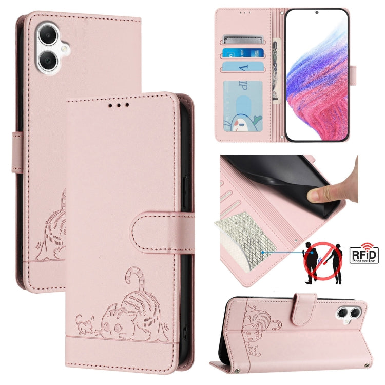 Cat Rat Embossed Pattern RFID Leather Phone Case with Lanyard, For Samsung Galaxy A16 5G, For Samsung Galaxy A06 4G