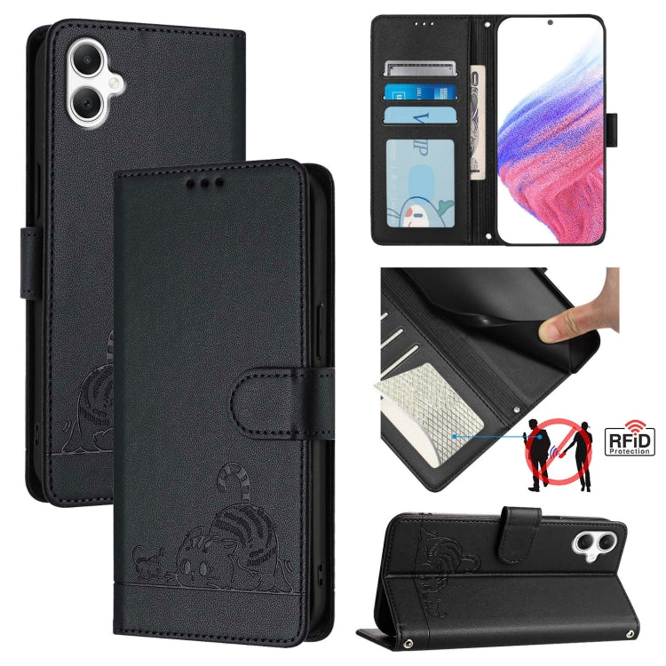 Cat Rat Embossed Pattern RFID Leather Phone Case with Lanyard, For Samsung Galaxy A16 5G, For Samsung Galaxy A06 4G