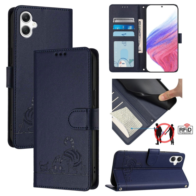 Cat Rat Embossed Pattern RFID Leather Phone Case with Lanyard, For Samsung Galaxy A16 5G, For Samsung Galaxy A06 4G
