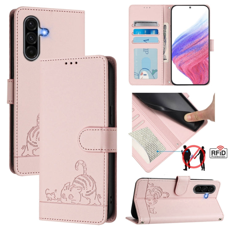Cat Rat Embossed Pattern RFID Leather Phone Case with Lanyard, For Samsung Galaxy A27 5G, For Samsung Galaxy A07 4G, For Samsung Galaxy A17 5G, For Samsung Galaxy A06 5G, For Samsung Galaxy A56 5G, For Samsung Galaxy A26 5G, For Samsung Galaxy A36 5G  ...