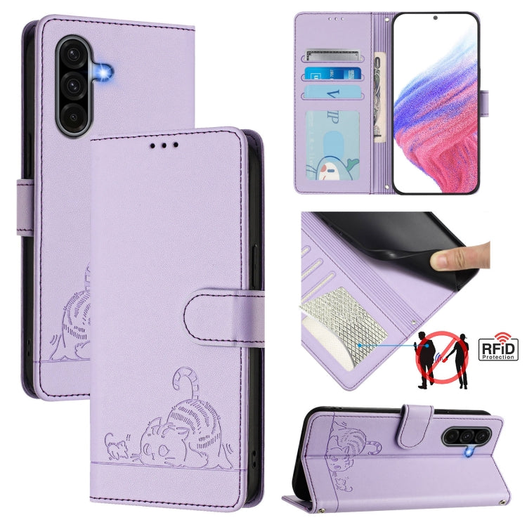 Cat Rat Embossed Pattern RFID Leather Phone Case with Lanyard, For Samsung Galaxy A27 5G, For Samsung Galaxy A07 4G, For Samsung Galaxy A17 5G, For Samsung Galaxy A06 5G, For Samsung Galaxy A56 5G, For Samsung Galaxy A26 5G, For Samsung Galaxy A36 5G  ...