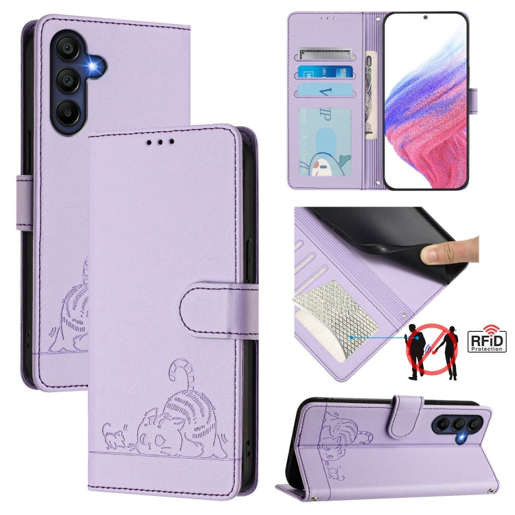 Cat Rat Embossed Pattern RFID Leather Phone Case with Lanyard, For Samsung Galaxy A27 5G, For Samsung Galaxy A07 4G, For Samsung Galaxy A17 5G, For Samsung Galaxy A06 5G, For Samsung Galaxy A56 5G, For Samsung Galaxy A26 5G, For Samsung Galaxy A36 5G  ...