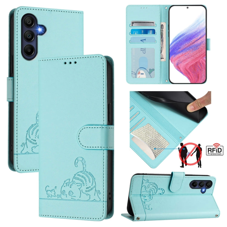 Cat Rat Embossed Pattern RFID Leather Phone Case with Lanyard, For Samsung Galaxy A27 5G, For Samsung Galaxy A07 4G, For Samsung Galaxy A17 5G, For Samsung Galaxy A06 5G, For Samsung Galaxy A56 5G, For Samsung Galaxy A26 5G, For Samsung Galaxy A36 5G  ...