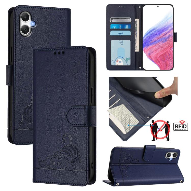 Cat Rat Embossed Pattern RFID Leather Phone Case with Lanyard, For Samsung Galaxy A27 5G, For Samsung Galaxy A07 4G, For Samsung Galaxy A17 5G, For Samsung Galaxy A06 5G, For Samsung Galaxy A56 5G, For Samsung Galaxy A26 5G, For Samsung Galaxy A36 5G  ...