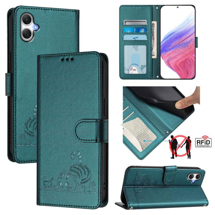 Cat Rat Embossed Pattern RFID Leather Phone Case with Lanyard, For Samsung Galaxy A27 5G, For Samsung Galaxy A07 4G, For Samsung Galaxy A17 5G, For Samsung Galaxy A06 5G, For Samsung Galaxy A56 5G, For Samsung Galaxy A26 5G, For Samsung Galaxy A36 5G  ...