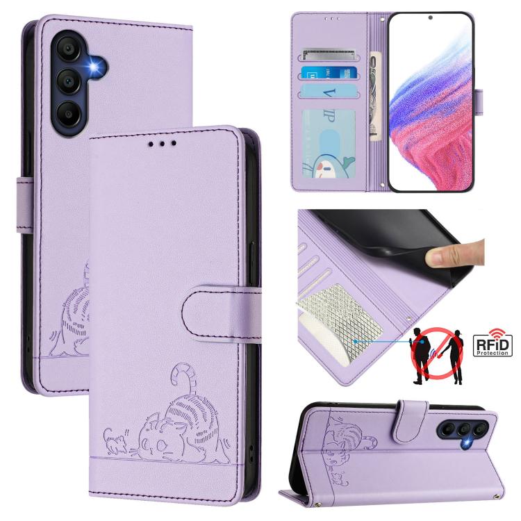 Cat Rat Embossed Pattern RFID Leather Phone Case with Lanyard, For Samsung Galaxy A27 5G, For Samsung Galaxy A07 4G, For Samsung Galaxy A17 5G, For Samsung Galaxy A06 5G, For Samsung Galaxy A56 5G, For Samsung Galaxy A26 5G, For Samsung Galaxy A36 5G  ...