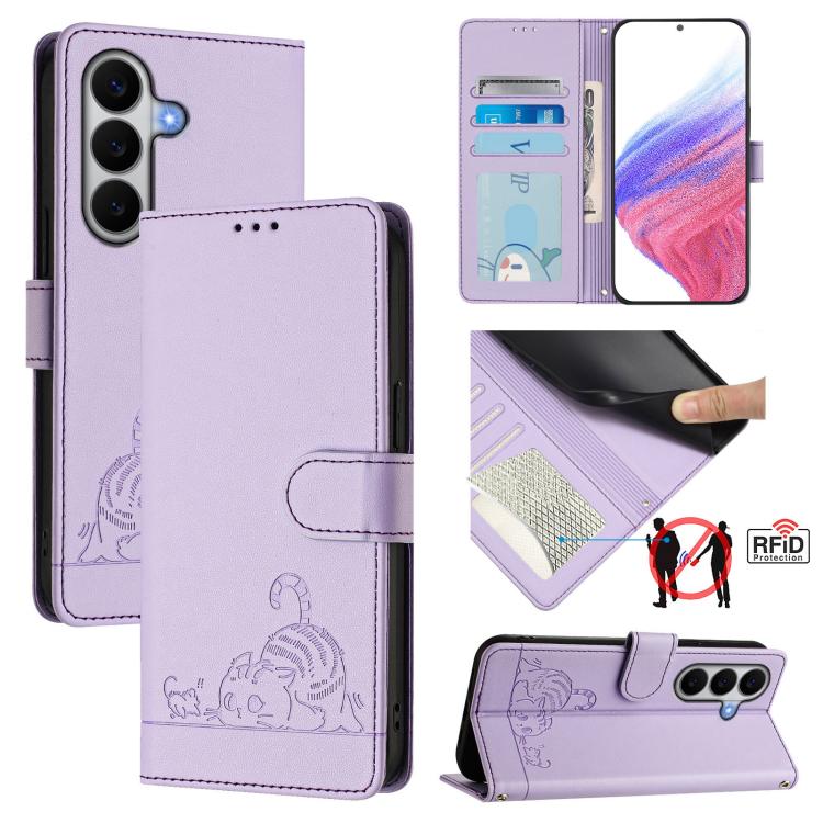 Cat Rat Embossed Pattern RFID Leather Phone Case with Lanyard, For Samsung Galaxy A27 5G, For Samsung Galaxy A07 4G, For Samsung Galaxy A17 5G, For Samsung Galaxy A06 5G, For Samsung Galaxy A56 5G, For Samsung Galaxy A26 5G, For Samsung Galaxy A36 5G  ...