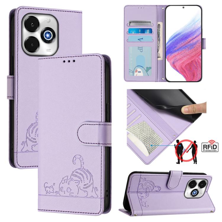 Cat Rat Embossed RFID Leather Phone Case with Lanyard, For Umidigi G100X 4G / 5G, For Umidigi G100 Pro, For UMIDIGI Note 100, For UMIDIGI Note 90, For UMIDIGI A15 / A15C / A15T, For UMIDIGI G9 5G, For UMIDIGI Bison X20, For UMIDIGI Power 7 / Power 7S