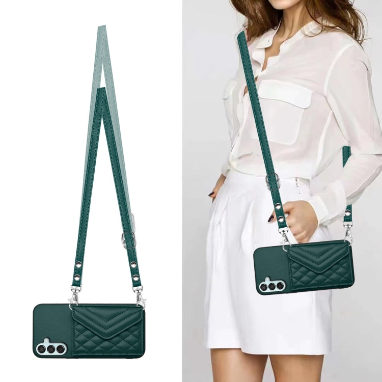 Rhombic Texture Card Bag RFID Phone Case with Long Lanyard, For Samsung Galaxy F15 / M15