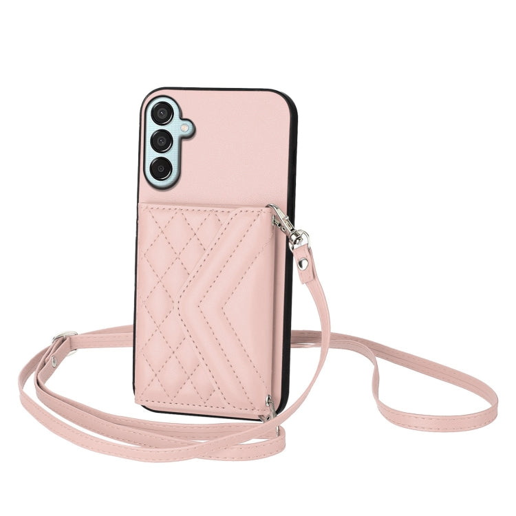 Rhombic Texture Card Bag RFID Phone Case with Long Lanyard, For Samsung Galaxy F15 / M15