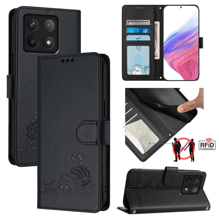 Cat Rat Embossed Pattern RFID Leather Phone Case with Lanyard, For Xiaomi 15 Ultra, For Xiaomi 14T Pro, For Xiaomi 14T