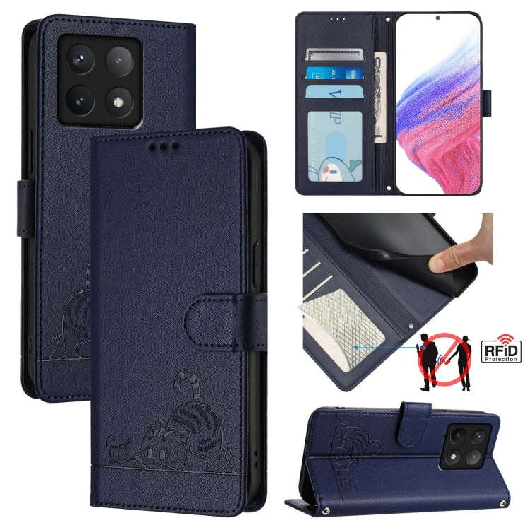 Cat Rat Embossed Pattern RFID Leather Phone Case with Lanyard, For Xiaomi 15 Ultra, For Xiaomi 14T Pro, For Xiaomi 14T