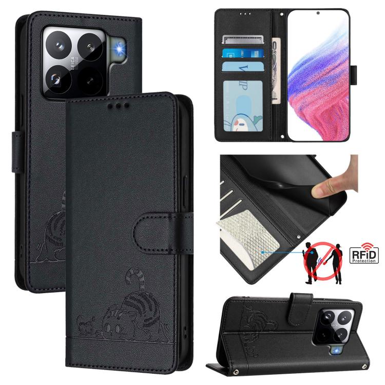 Cat Rat Embossed Pattern RFID Leather Phone Case with Lanyard, For Xiaomi 17 Max 5G, For Xiaomi 17T Pro 5G, For Xiaomi Poco M7 4G 169mm, For Xiaomi 15T Pro 5G, For Xiaomi 15T 5G, For Xiaomi Civi 5 Pro 5G, For Xiaomi 15S Pro 5G                          ...