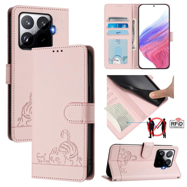 Cat Rat Embossed Pattern RFID Leather Phone Case with Lanyard, For Xiaomi 17 Max 5G, For Xiaomi 17T Pro 5G, For Xiaomi Poco M7 4G 169mm, For Xiaomi 15T Pro 5G, For Xiaomi 15T 5G, For Xiaomi Civi 5 Pro 5G, For Xiaomi 15S Pro 5G                          ...