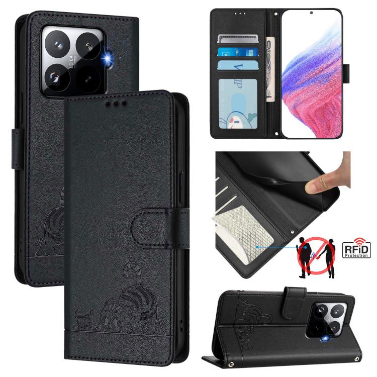 Cat Rat Embossed Pattern RFID Leather Phone Case with Lanyard, For Xiaomi 17 Max 5G, For Xiaomi 17T Pro 5G, For Xiaomi Poco M7 4G 169mm, For Xiaomi 15T Pro 5G, For Xiaomi 15T 5G, For Xiaomi Civi 5 Pro 5G, For Xiaomi 15S Pro 5G                          ...