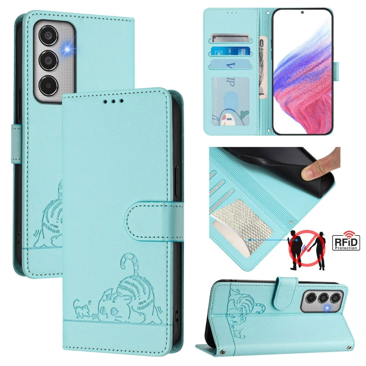 Cat Rat Embossed RFID Leather Phone Case with Lanyard, For Samsung Galaxy M56 5G, For Samsung Galaxy M35