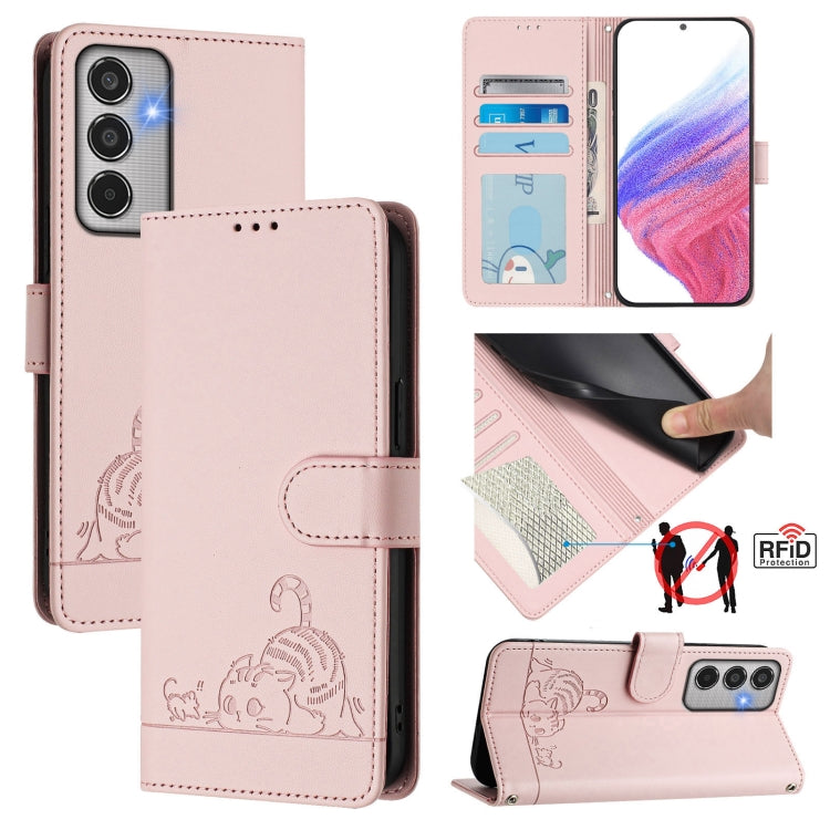Cat Rat Embossed RFID Leather Phone Case with Lanyard, For Samsung Galaxy M56 5G, For Samsung Galaxy M35