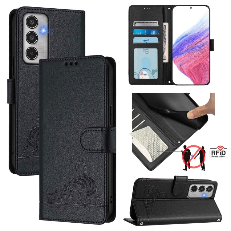Cat Rat Embossed RFID Leather Phone Case with Lanyard, For Samsung Galaxy M56 5G, For Samsung Galaxy M35