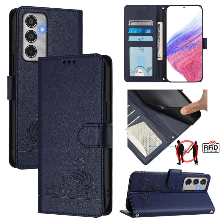 Cat Rat Embossed RFID Leather Phone Case with Lanyard, For Samsung Galaxy M56 5G, For Samsung Galaxy M35