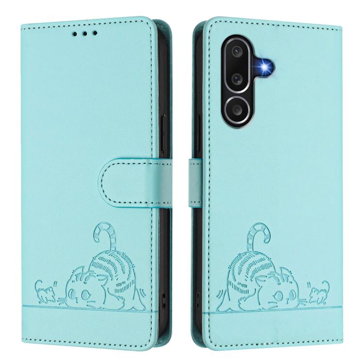 Cat Rat Embossed RFID Leather Phone Case with Lanyard, For Samsung Galaxy M56 5G, For Samsung Galaxy M35