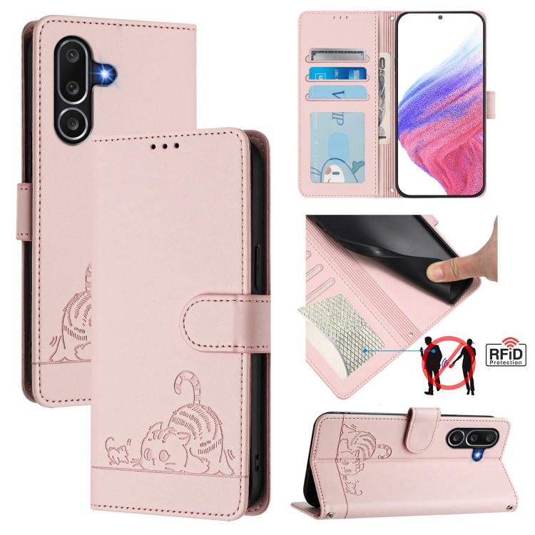 Cat Rat Embossed RFID Leather Phone Case with Lanyard, For Samsung Galaxy M56 5G, For Samsung Galaxy M35