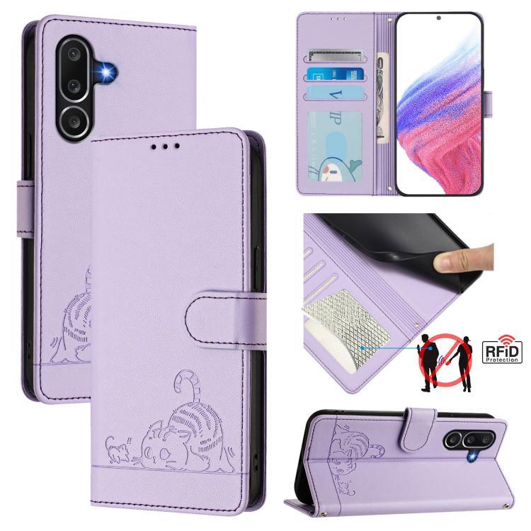 Cat Rat Embossed RFID Leather Phone Case with Lanyard, For Samsung Galaxy M56 5G, For Samsung Galaxy M35