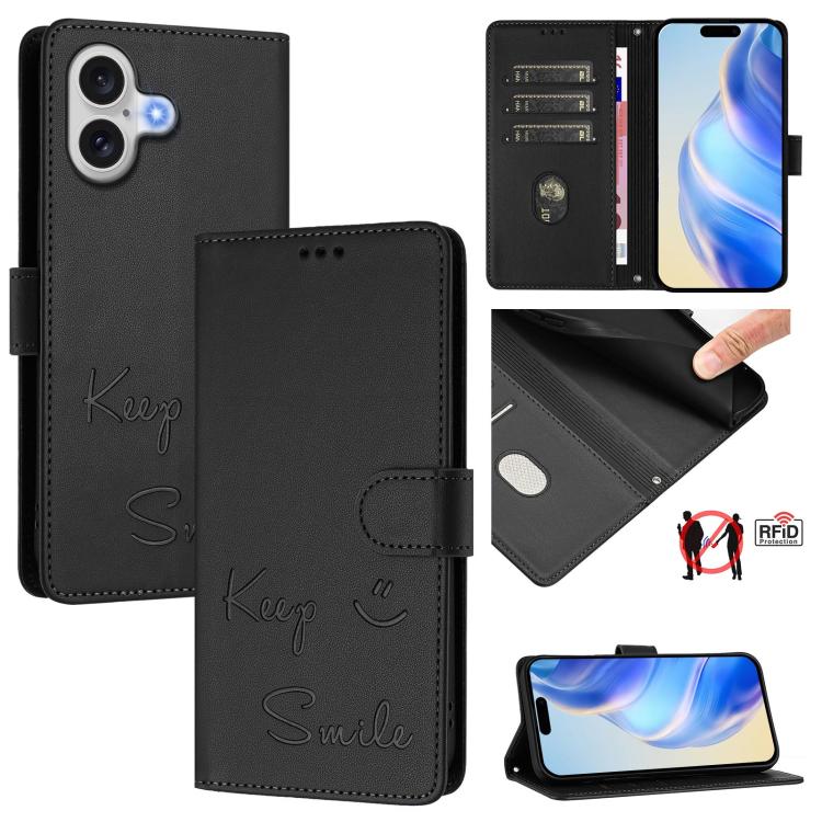 Smile Embossing RFID Leather Phone Case, For iPhone 18 Pro / 17 Pro, For iPhone 18 Pro Max / 17 Pro Max, For iPhone 17, For iPhone Air, For iPhone SE 2024, For iPhone 16 Pro Max, For iPhone 16 Pro, For iPhone 16 Plus