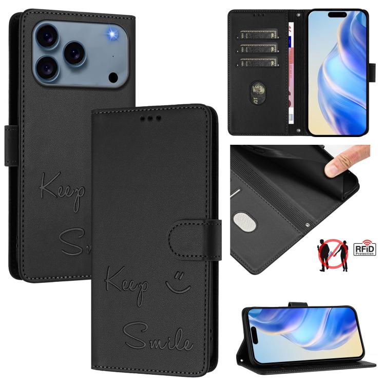 Smile Embossing RFID Leather Phone Case, For iPhone 18 Pro / 17 Pro, For iPhone 18 Pro Max / 17 Pro Max, For iPhone 17, For iPhone Air, For iPhone SE 2024, For iPhone 16 Pro Max, For iPhone 16 Pro, For iPhone 16 Plus