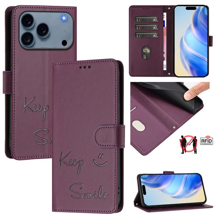 Smile Embossing RFID Leather Phone Case, For iPhone 18 Pro / 17 Pro, For iPhone 18 Pro Max / 17 Pro Max, For iPhone 17, For iPhone Air, For iPhone SE 2024, For iPhone 16 Pro Max, For iPhone 16 Pro, For iPhone 16 Plus