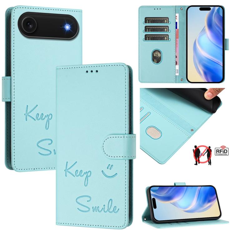 Smile Embossing RFID Leather Phone Case, For iPhone 18 Pro / 17 Pro, For iPhone 18 Pro Max / 17 Pro Max, For iPhone 17, For iPhone Air, For iPhone SE 2024, For iPhone 16 Pro Max, For iPhone 16 Pro, For iPhone 16 Plus