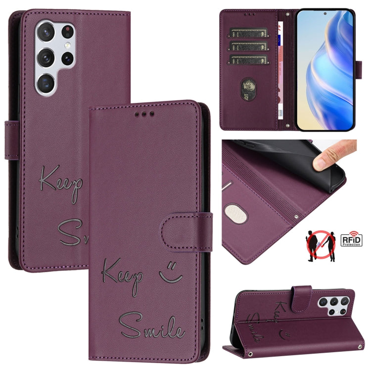 Smile Embossing RFID Leather Phone Case, For Samsung Galaxy S23 5G, For Samsung Galaxy S20 FE 2022 / 5G / 4G, For Samsung Galaxy S22 Ultra 5G, For Samsung Galaxy S22+ 5G, For Samsung Galaxy S22 5G, For Samsung Galaxy S21 FE 5G, For Samsung Galaxy S21 5...