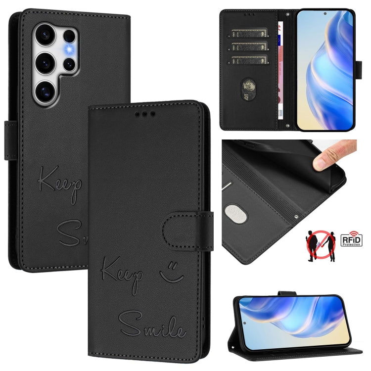 Smile Embossing RFID Leather Phone Case, For Samsung Galaxy S25 Ultra 5G, For Samsung Galaxy S24 FE 5G, For Samsung Galaxy S24 Ultra 5G, For Samsung Galaxy S24+ 5G, For Samsung Galaxy S24 5G, For Samsung Galaxy S23 FE 5G, For Samsung Galaxy S23 Ultra 5...