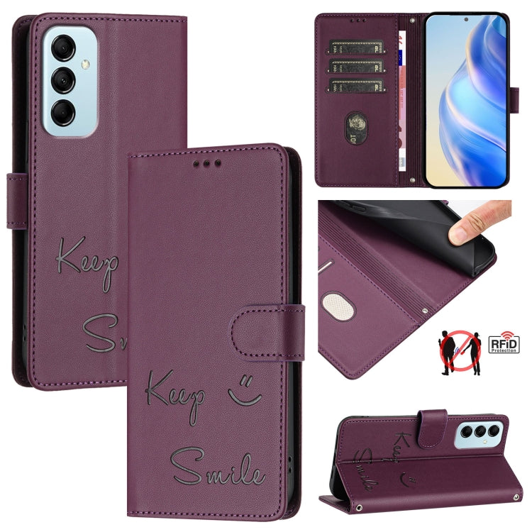 Smile Embossing RFID Leather Phone Case, For Samsung Galaxy M54 / F54 5G, For Samsung Galaxy M14 5G Global, For Samsung Galaxy M23 5G / M13 4G, For Samsung Galaxy M53 5G, For Samsung Galaxy M33 5G Global, For Samsung Galaxy M52 5G                      ...