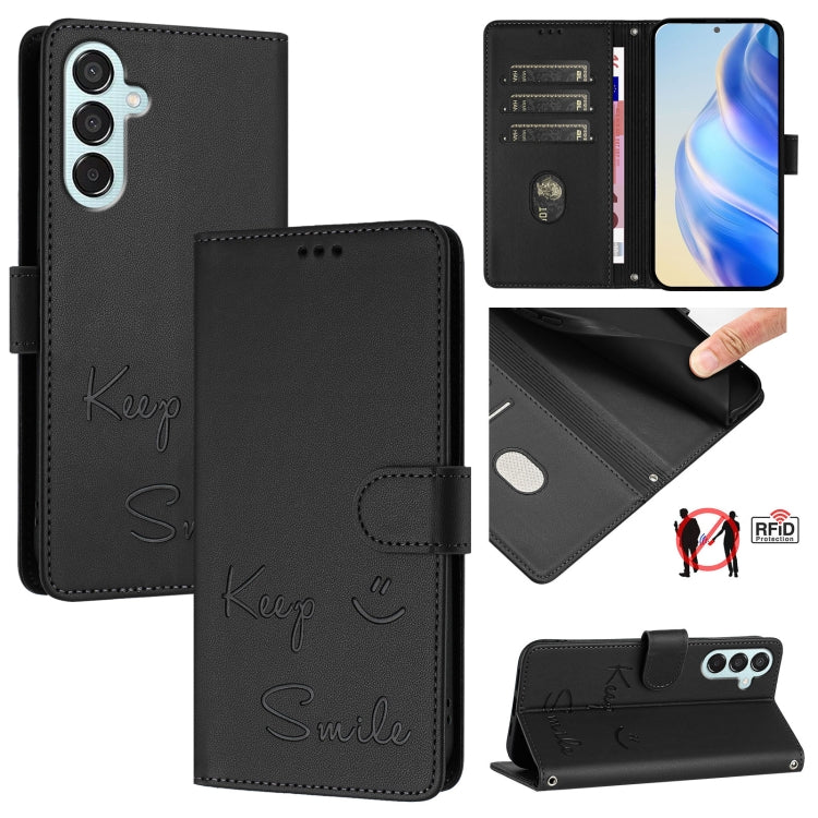 Smile Embossing RFID Leather Phone Case, For Samsung Galaxy M56 5G, For Samsung Galaxy F16 5G / M16 5G Global, For Samsung Galaxy F06 5G / M06 5G, For Samsung Galaxy M35, For Samsung Galaxy M55 / C55 5G, For Samsung Galaxy XCover7 Pro                  ...