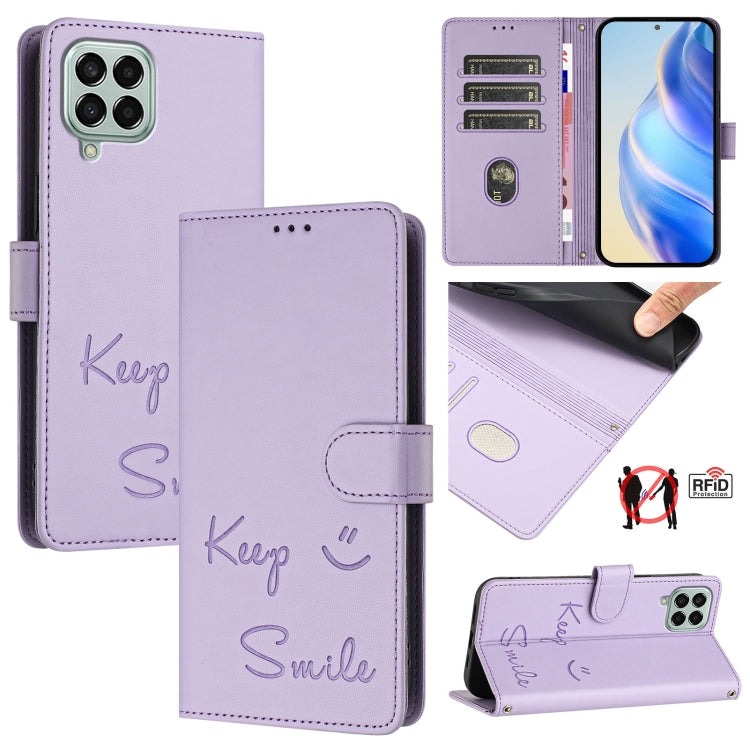 Smile Embossing RFID Leather Phone Case, For Samsung Galaxy M54 / F54 5G, For Samsung Galaxy M14 5G Global, For Samsung Galaxy M23 5G / M13 4G, For Samsung Galaxy M53 5G, For Samsung Galaxy M33 5G Global, For Samsung Galaxy M52 5G                      ...