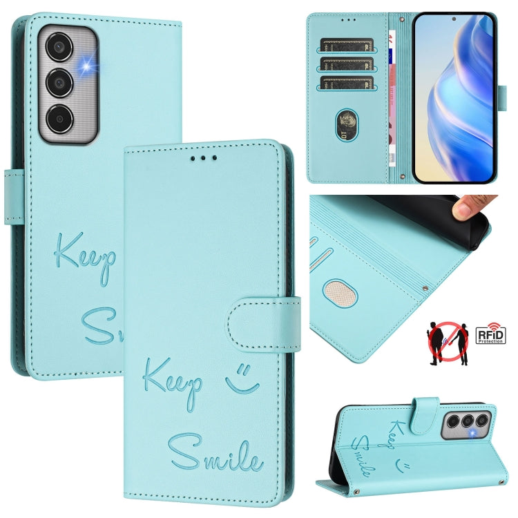 Smile Embossing RFID Leather Phone Case, For Samsung Galaxy M56 5G, For Samsung Galaxy F16 5G / M16 5G Global, For Samsung Galaxy F06 5G / M06 5G, For Samsung Galaxy M35, For Samsung Galaxy M55 / C55 5G, For Samsung Galaxy XCover7 Pro                  ...