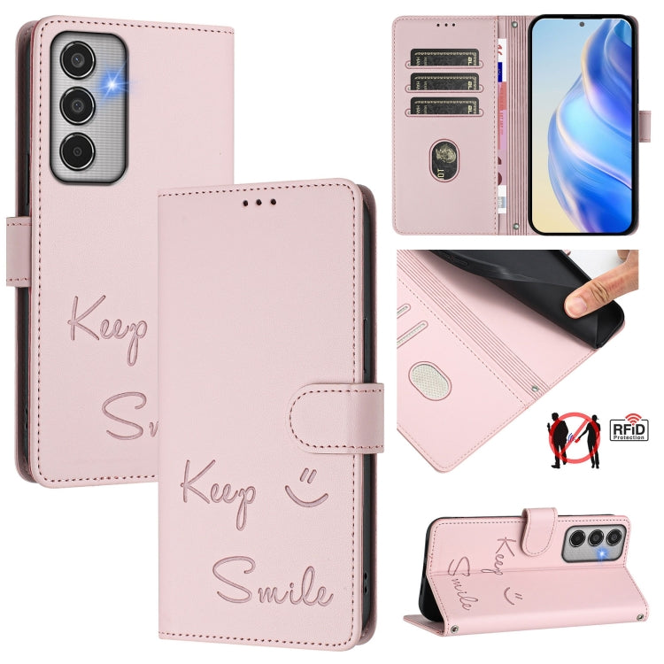 Smile Embossing RFID Leather Phone Case, For Samsung Galaxy M56 5G, For Samsung Galaxy F16 5G / M16 5G Global, For Samsung Galaxy F06 5G / M06 5G, For Samsung Galaxy M35, For Samsung Galaxy M55 / C55 5G, For Samsung Galaxy XCover7 Pro                  ...