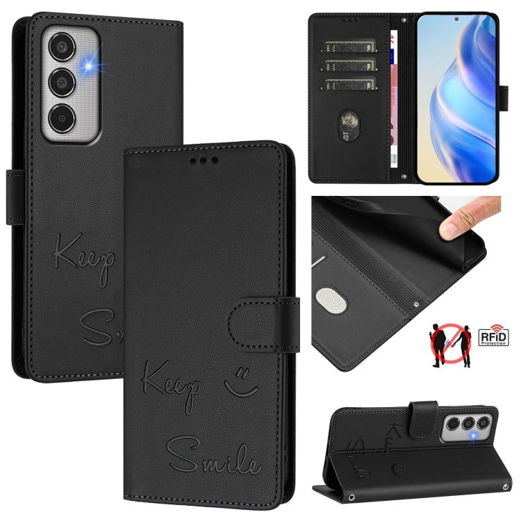 Smile Embossing RFID Leather Phone Case, For Samsung Galaxy M56 5G, For Samsung Galaxy F16 5G / M16 5G Global, For Samsung Galaxy F06 5G / M06 5G, For Samsung Galaxy M35, For Samsung Galaxy M55 / C55 5G, For Samsung Galaxy XCover7 Pro                  ...
