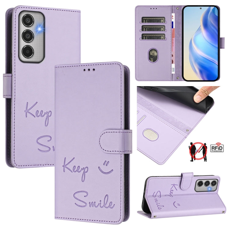 Smile Embossing RFID Leather Phone Case, For Samsung Galaxy M56 5G, For Samsung Galaxy F16 5G / M16 5G Global, For Samsung Galaxy F06 5G / M06 5G, For Samsung Galaxy M35, For Samsung Galaxy M55 / C55 5G, For Samsung Galaxy XCover7 Pro                  ...
