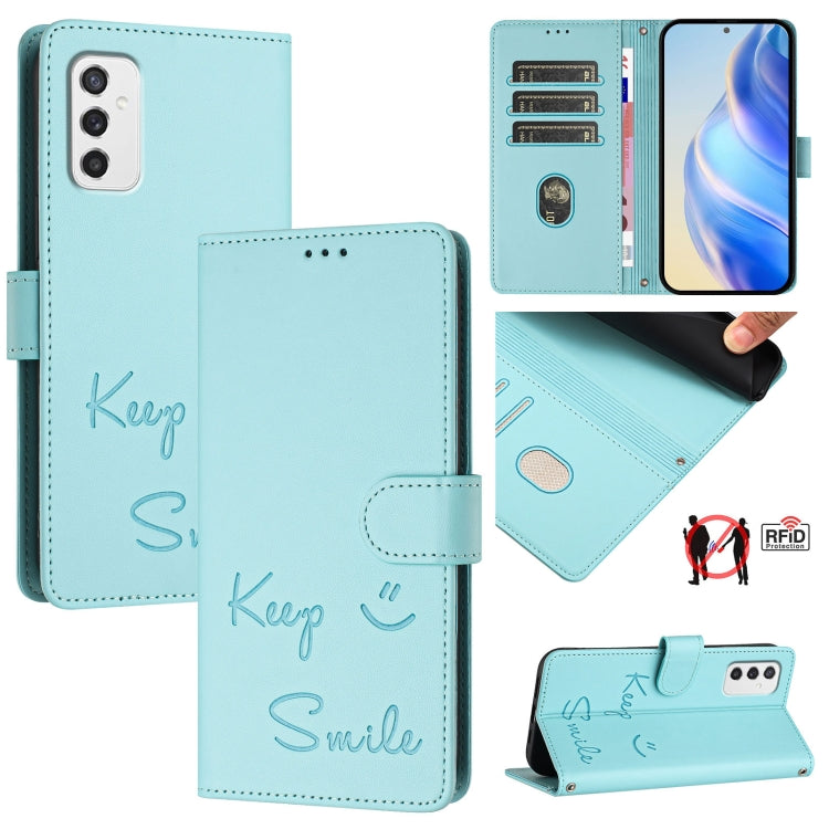 Smile Embossing RFID Leather Phone Case, For Samsung Galaxy M54 / F54 5G, For Samsung Galaxy M14 5G Global, For Samsung Galaxy M23 5G / M13 4G, For Samsung Galaxy M53 5G, For Samsung Galaxy M33 5G Global, For Samsung Galaxy M52 5G                      ...
