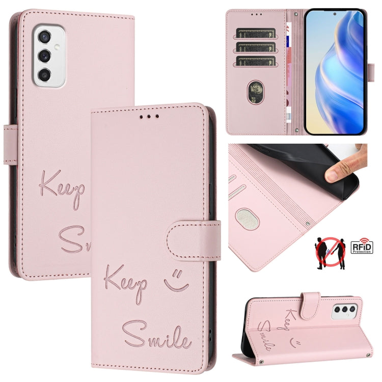 Smile Embossing RFID Leather Phone Case, For Samsung Galaxy M54 / F54 5G, For Samsung Galaxy M14 5G Global, For Samsung Galaxy M23 5G / M13 4G, For Samsung Galaxy M53 5G, For Samsung Galaxy M33 5G Global, For Samsung Galaxy M52 5G                      ...