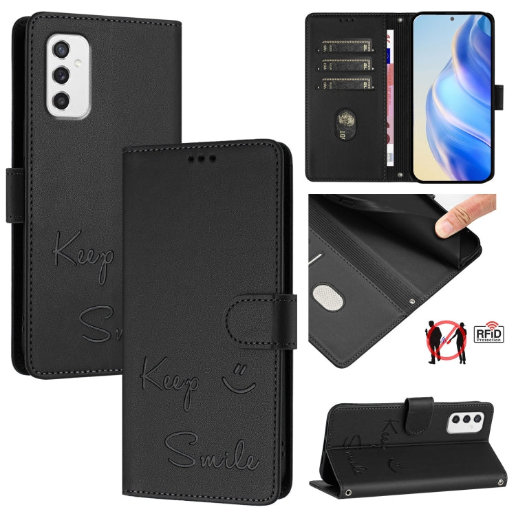 Smile Embossing RFID Leather Phone Case, For Samsung Galaxy M54 / F54 5G, For Samsung Galaxy M14 5G Global, For Samsung Galaxy M23 5G / M13 4G, For Samsung Galaxy M53 5G, For Samsung Galaxy M33 5G Global, For Samsung Galaxy M52 5G                      ...