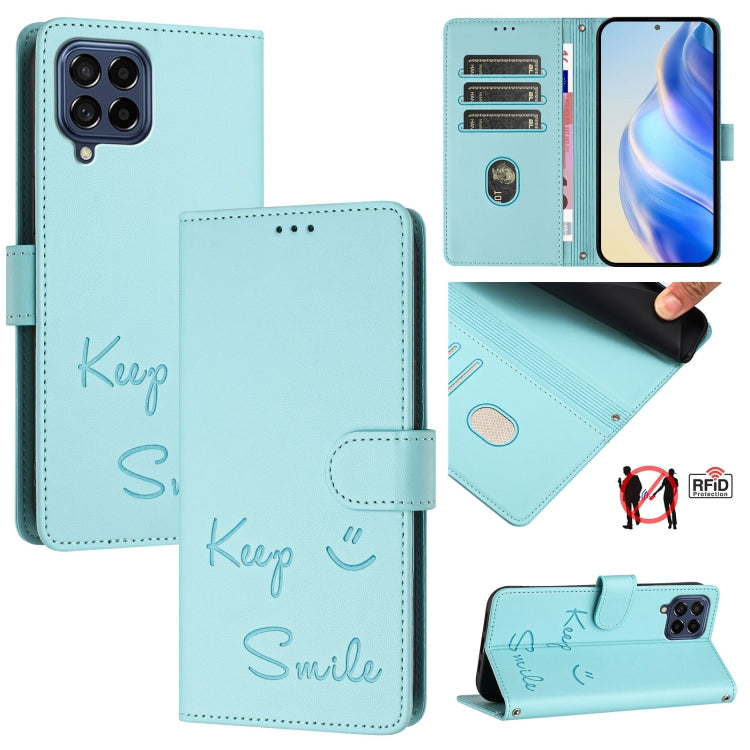 Smile Embossing RFID Leather Phone Case, For Samsung Galaxy M54 / F54 5G, For Samsung Galaxy M14 5G Global, For Samsung Galaxy M23 5G / M13 4G, For Samsung Galaxy M53 5G, For Samsung Galaxy M33 5G Global, For Samsung Galaxy M52 5G                      ...