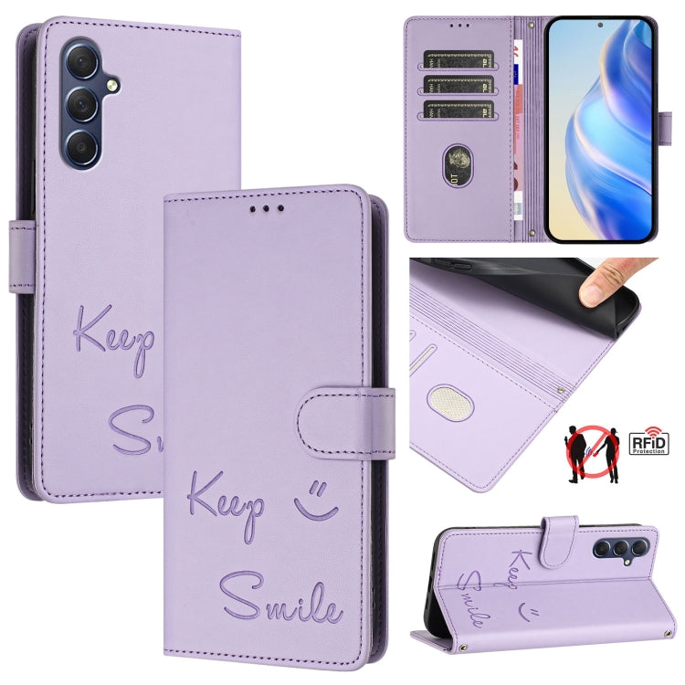 Smile Embossing RFID Leather Phone Case, For Samsung Galaxy M54 / F54 5G, For Samsung Galaxy M14 5G Global, For Samsung Galaxy M23 5G / M13 4G, For Samsung Galaxy M53 5G, For Samsung Galaxy M33 5G Global, For Samsung Galaxy M52 5G                      ...
