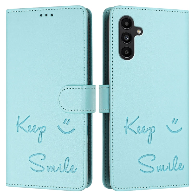 Smile Embossing RFID Leather Phone Case, For Samsung Galaxy A04 4G / M13 5G, For Samsung Galaxy A22 5G / A22s / F42 5G, For Samsung Galaxy A53 5G, For Samsung Galaxy A73 5G, For Samsung Galaxy A33 5G, For Samsung Galaxy A03 164mm                       ...