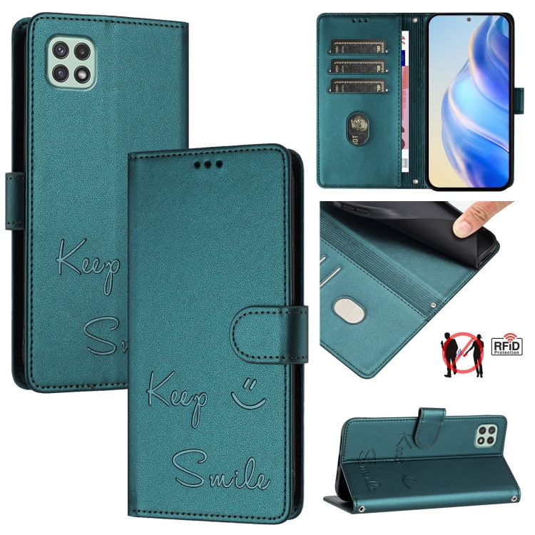 Smile Embossing RFID Leather Phone Case, For Samsung Galaxy A04 4G / M13 5G, For Samsung Galaxy A22 5G / A22s / F42 5G, For Samsung Galaxy A53 5G, For Samsung Galaxy A73 5G, For Samsung Galaxy A33 5G, For Samsung Galaxy A03 164mm                       ...