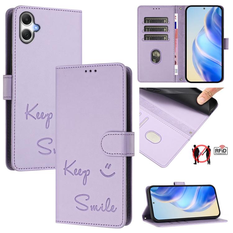 Smile Embossing RFID Leather Phone Case, For Galaxy A27 5G, For Samsung Galaxy A17 4G, For Samsung Galaxy A07 4G, For Samsung Galaxy A06 5G / 4G, For Samsung Galaxy A56 5G, For Samsung Galaxy A26 5G, For Samsung Galaxy A36 5G, For Samsung Galaxy A16 4G